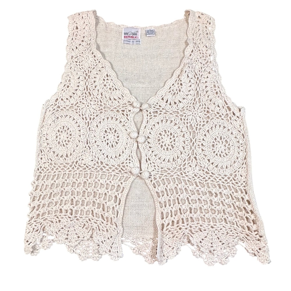 Denim‎ Republic Hand Knitted Crochet Vest Cotton Ramie Boho Cottagecore Medium